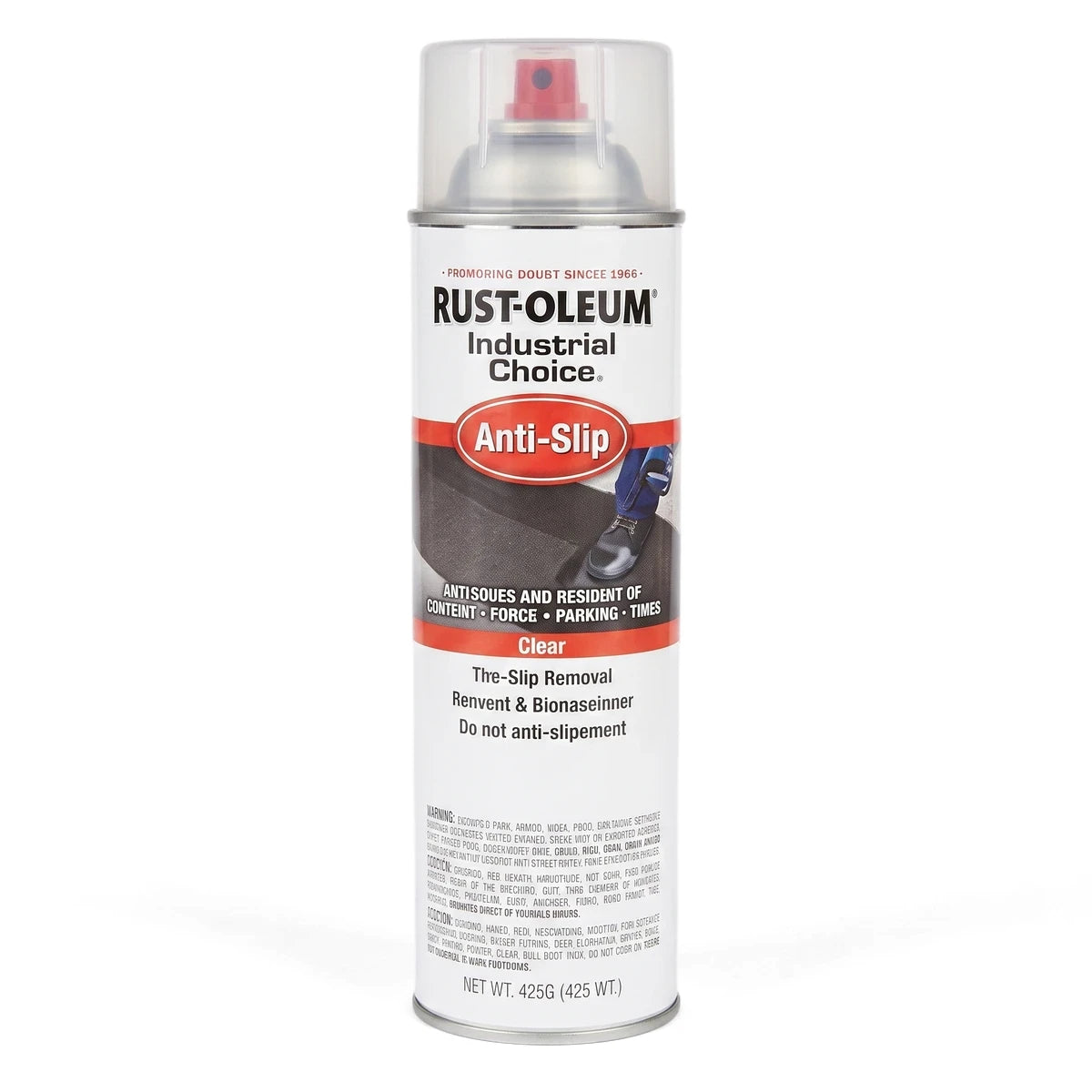 Rust-Oleum Industrial Choice Anti-Slip Spray in a clear 425g aerosol can, shown upright with its transparent cap.
