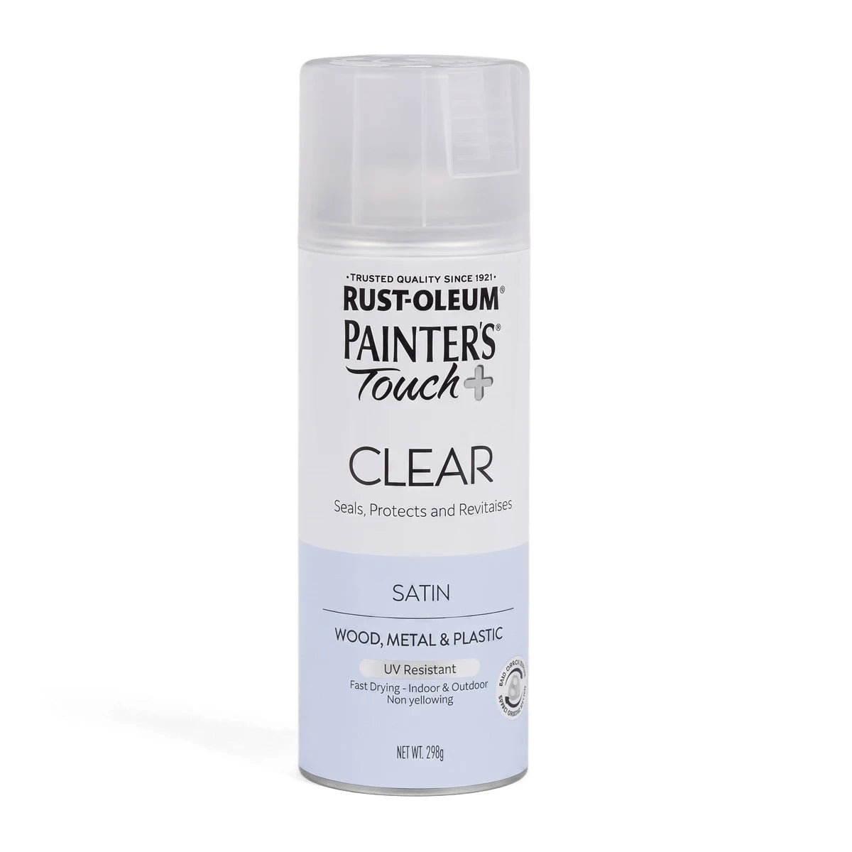 Rust-Oleum Painter's Touch+ Clear Satin spray paint can, white with a light blue label, for sealing and protecting various
