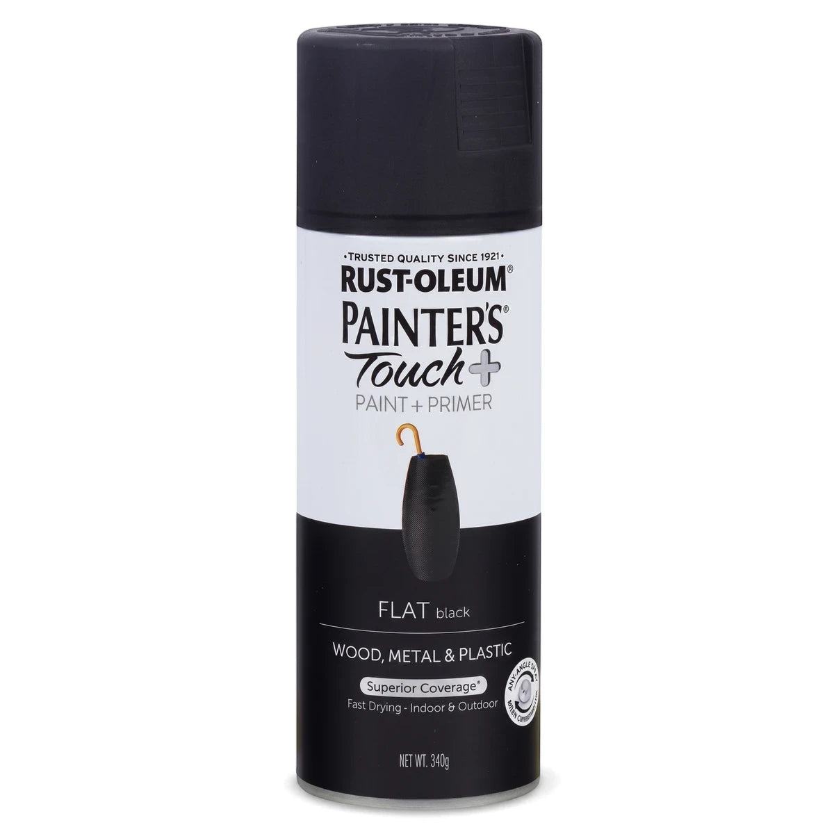 Rust-Oleum Painter's Touch+ Flat Black spray paint can for wood, metal, and plastic, displayed upright.