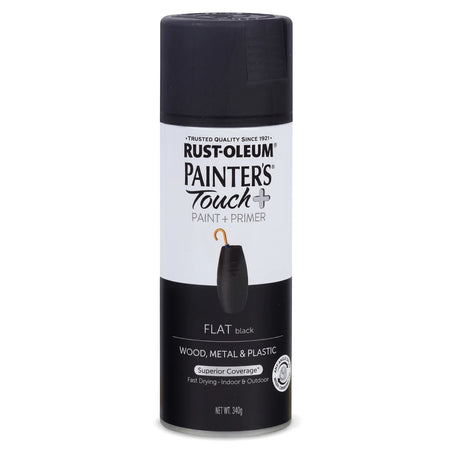 Rust-Oleum Painter's Touch+ Flat Black spray paint can for wood, metal, and plastic, displayed upright.