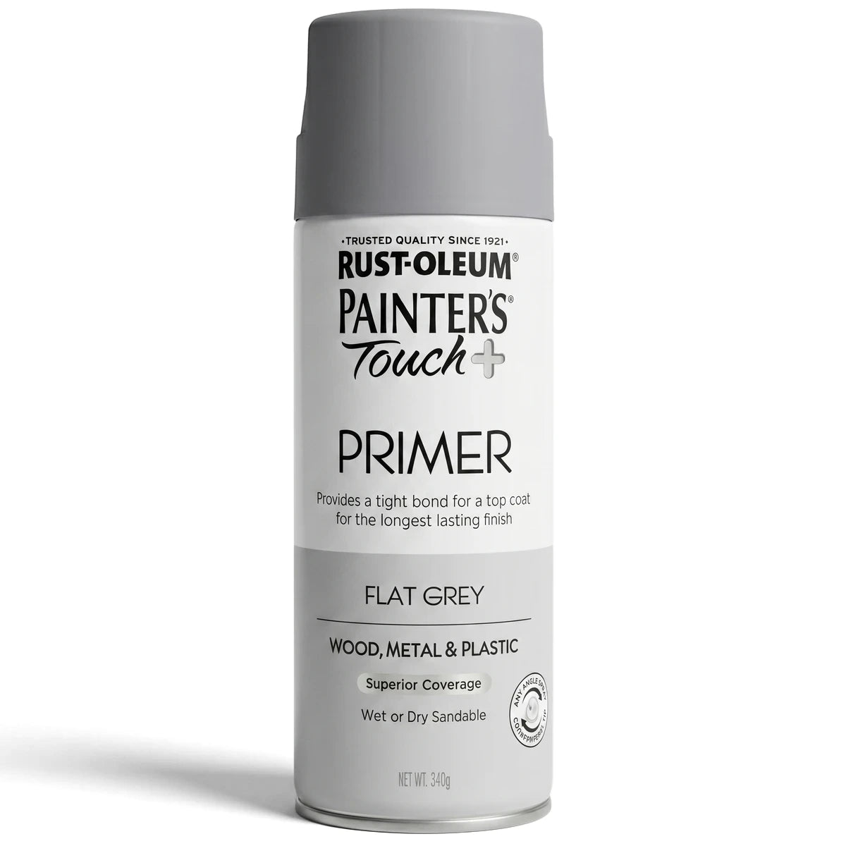Rust-Oleum Painter's Touch+ Flat Grey Primer spray paint can for wood, metal, and plastic, 340g, shown front-on.