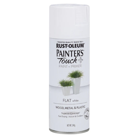 White Rust-Oleum Painter's Touch+ Flat spray paint and primer can for wood, metal, and plastic, 340g.