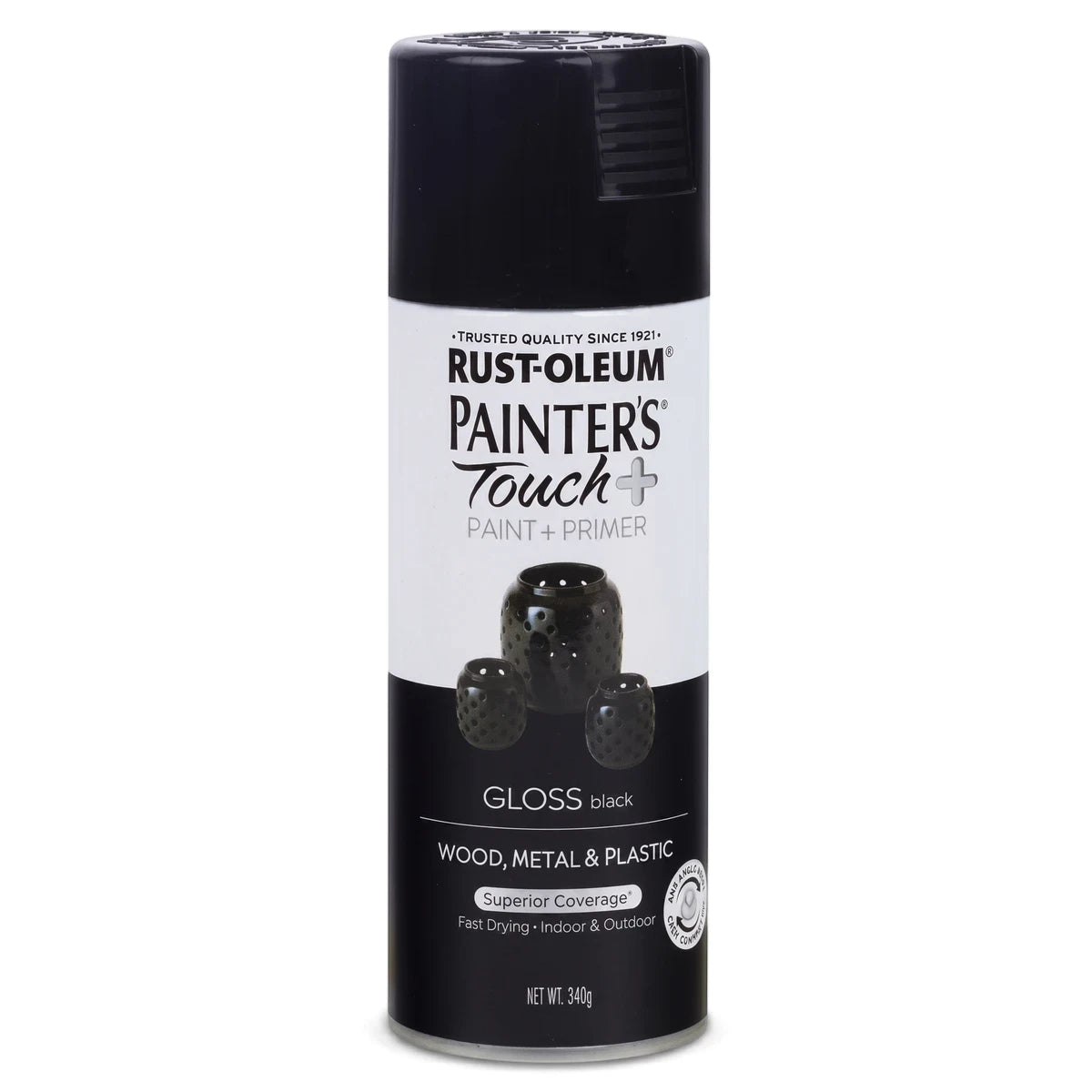 Black Rust-Oleum Painter's Touch+ Gloss spray paint can for wood, metal, and plastic applications, standing upright.