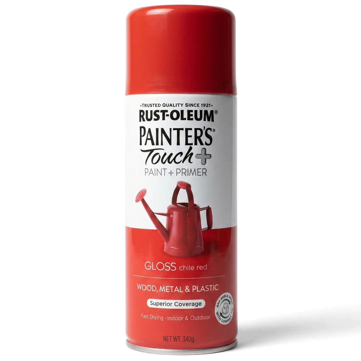 Rust-Oleum Painter's Touch+ Gloss Chile Red spray paint and primer in a can, suitable for wood, metal, and plastic.