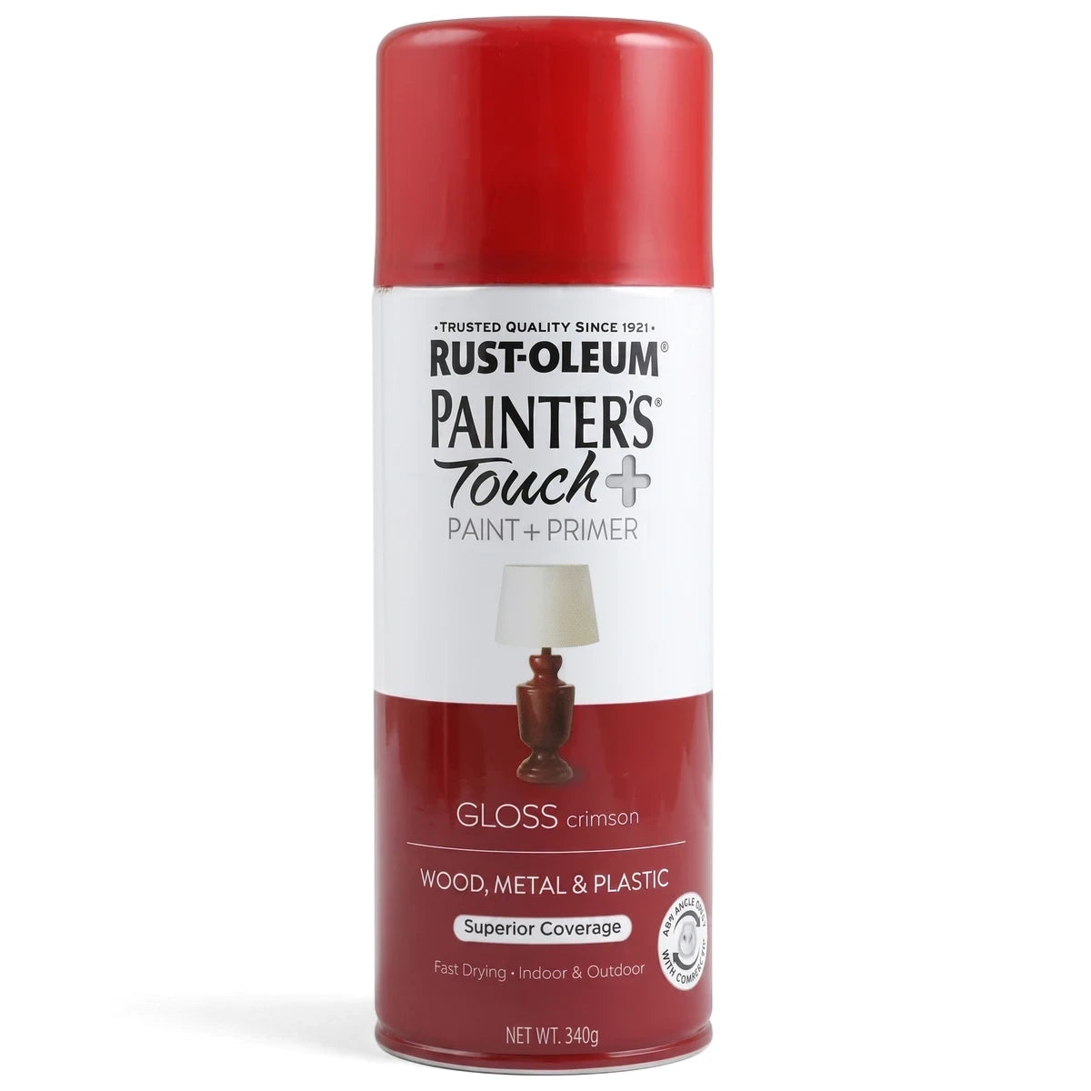 Rust-Oleum Painter's Touch+ Gloss Crimson spray paint can, red and white, suitable for wood, metal, and plastic surfaces.