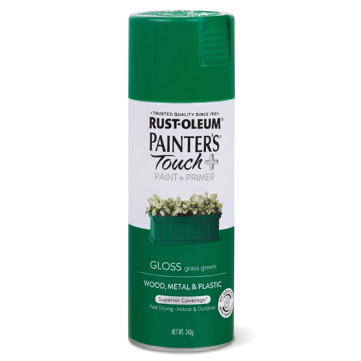 Rust-Oleum Painter's Touch+ Gloss Grass Green spray paint and primer can for wood, metal, and plastic.