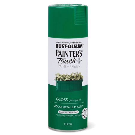 Rust-Oleum Painter's Touch+ Gloss Grass Green spray paint and primer can for wood, metal, and plastic.