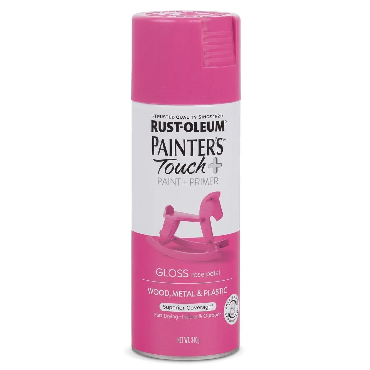 Rust-Oleum Painter's Touch+ Gloss Rose Petal spray paint can. A pink paint and primer in one with a gloss finish.
