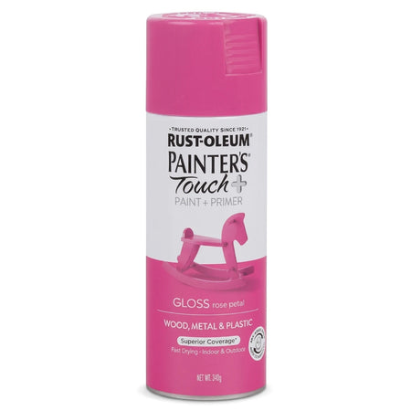 Rust-Oleum Painter's Touch+ Gloss Rose Petal spray paint can. A pink paint and primer in one with a gloss finish.