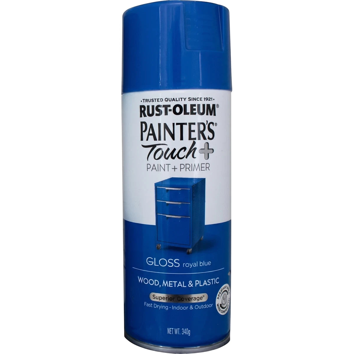 Royal blue Rust-Oleum Painter's Touch + Gloss spray paint can for wood, metal, and plastic applications, shown upright.