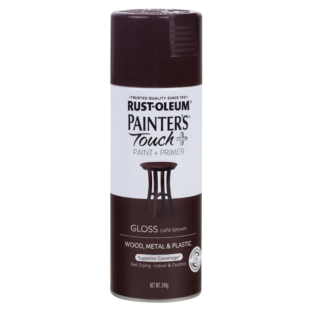 Rust-Oleum Painter's Touch+ Gloss Spray Paint in Café Brown, an aerosol can suitable for wood, metal, and plastic.