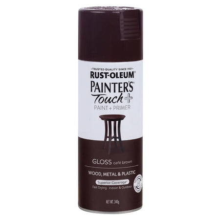 Rust-Oleum Painter's Touch+ Gloss Spray Paint in Café Brown, an aerosol can suitable for wood, metal, and plastic.