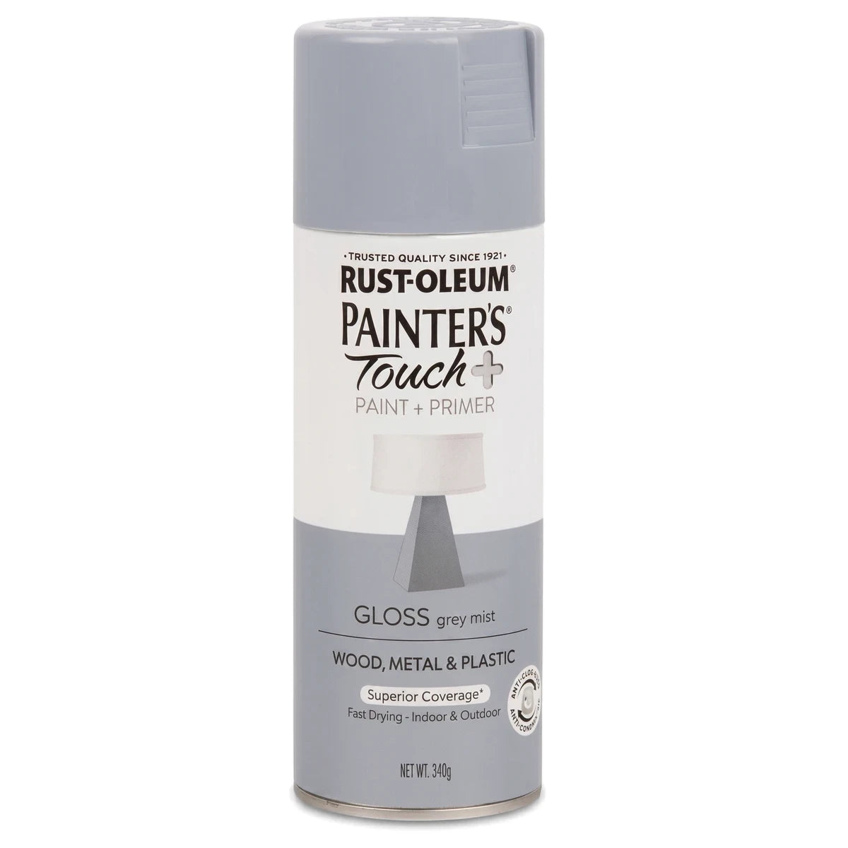 Rust-Oleum Painter'S Touch+ Gloss Spray Paint in Grey Mist, a paint and primer in an aerosol can for wood, metal, and