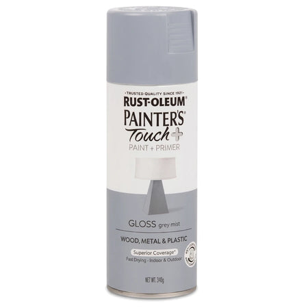 Rust-Oleum Painter'S Touch+ Gloss Spray Paint in Grey Mist, a paint and primer in an aerosol can for wood, metal, and
