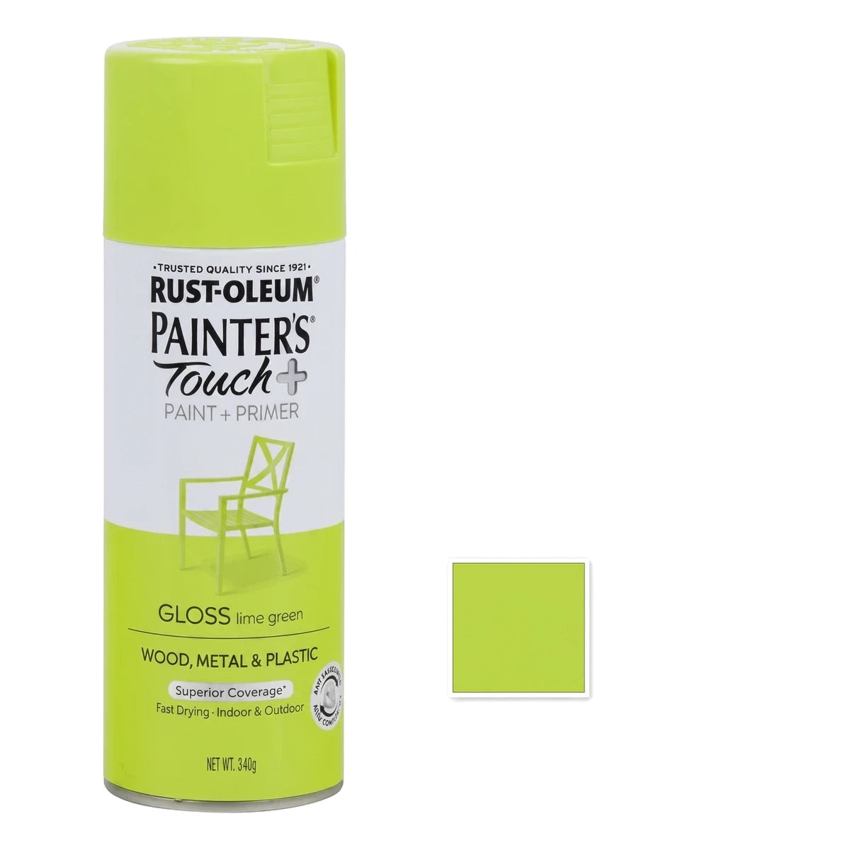 Rust-Oleum Painter's Touch+ Gloss spray paint can, lime green, with paint and primer for wood, metal, and plastic.