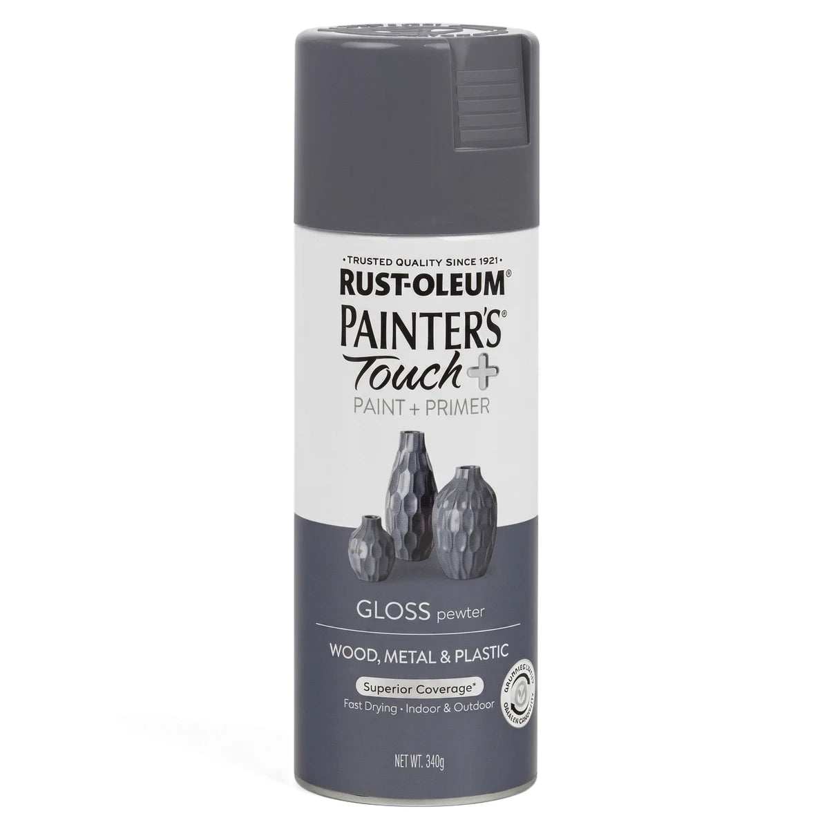 Rust-Oleum Painter's Touch+ Gloss Spray Paint in pewter, a 340g can, suitable for wood, metal, and plastic.