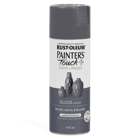Rust-Oleum Painter's Touch+ Gloss Spray Paint in pewter, a 340g can, suitable for wood, metal, and plastic.