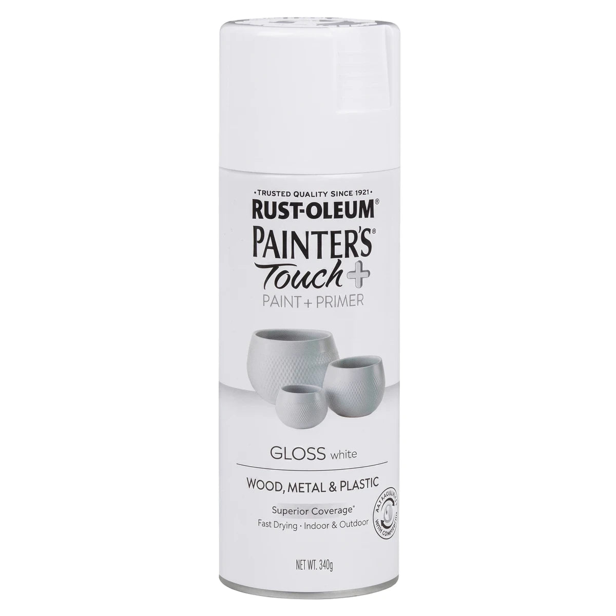 White Rust-Oleum Painter's Touch+ Gloss Spray Paint and Primer can for wood, metal, and plastic applications.