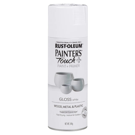 White Rust-Oleum Painter's Touch+ Gloss Spray Paint and Primer can for wood, metal, and plastic applications.