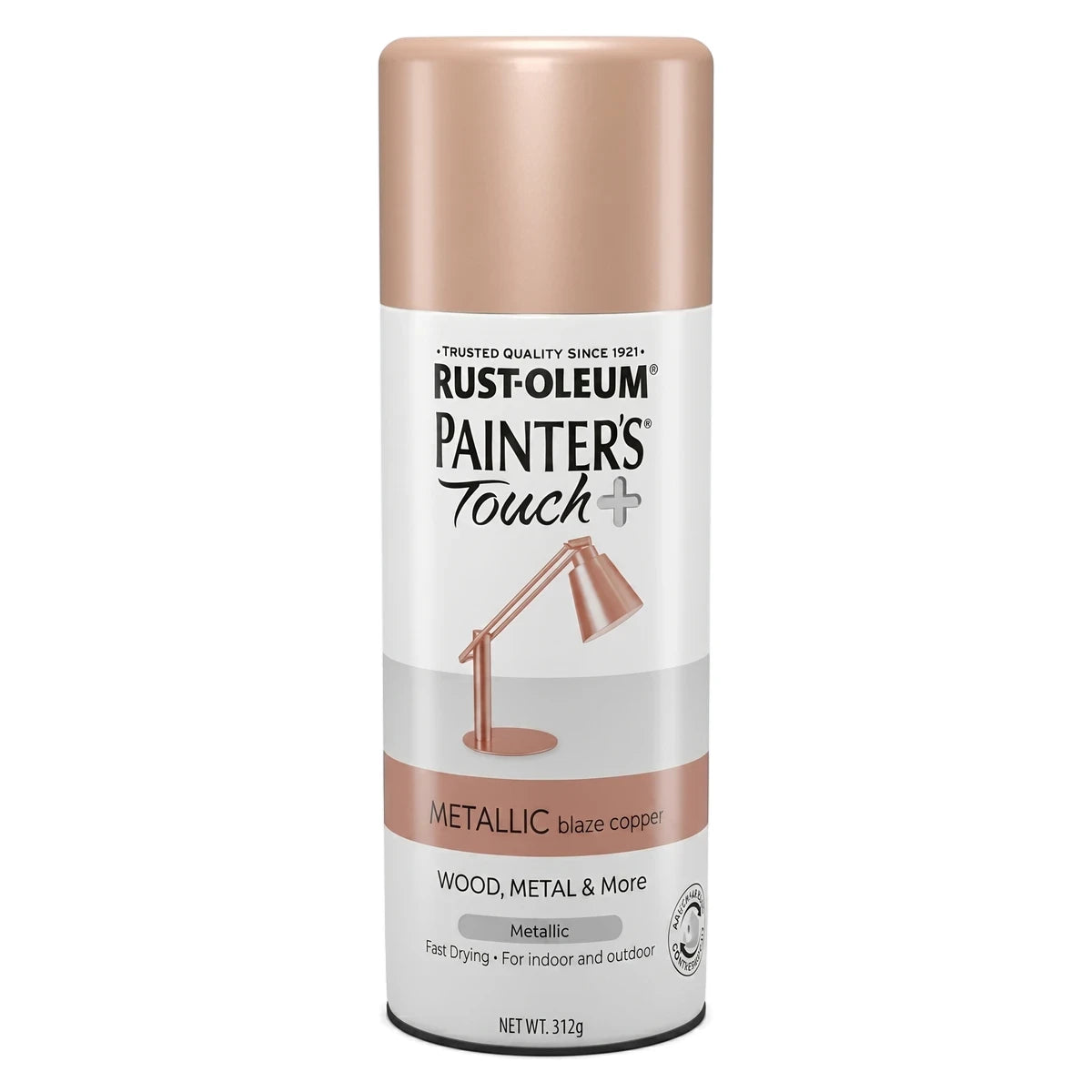 Rust-Oleum Painter's Touch+ metallic blaze copper spray paint can for wood, metal, and more.