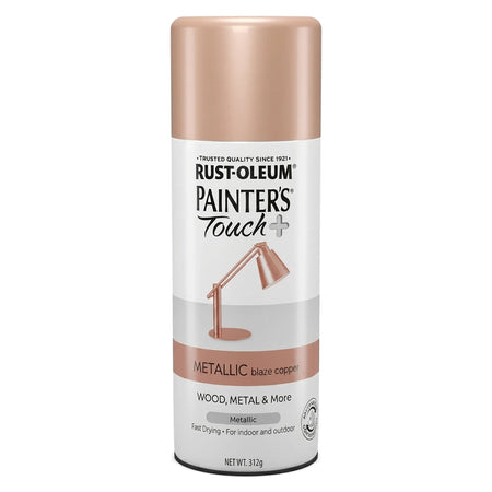 Rust-Oleum Painter's Touch+ metallic blaze copper spray paint can for wood, metal, and more.