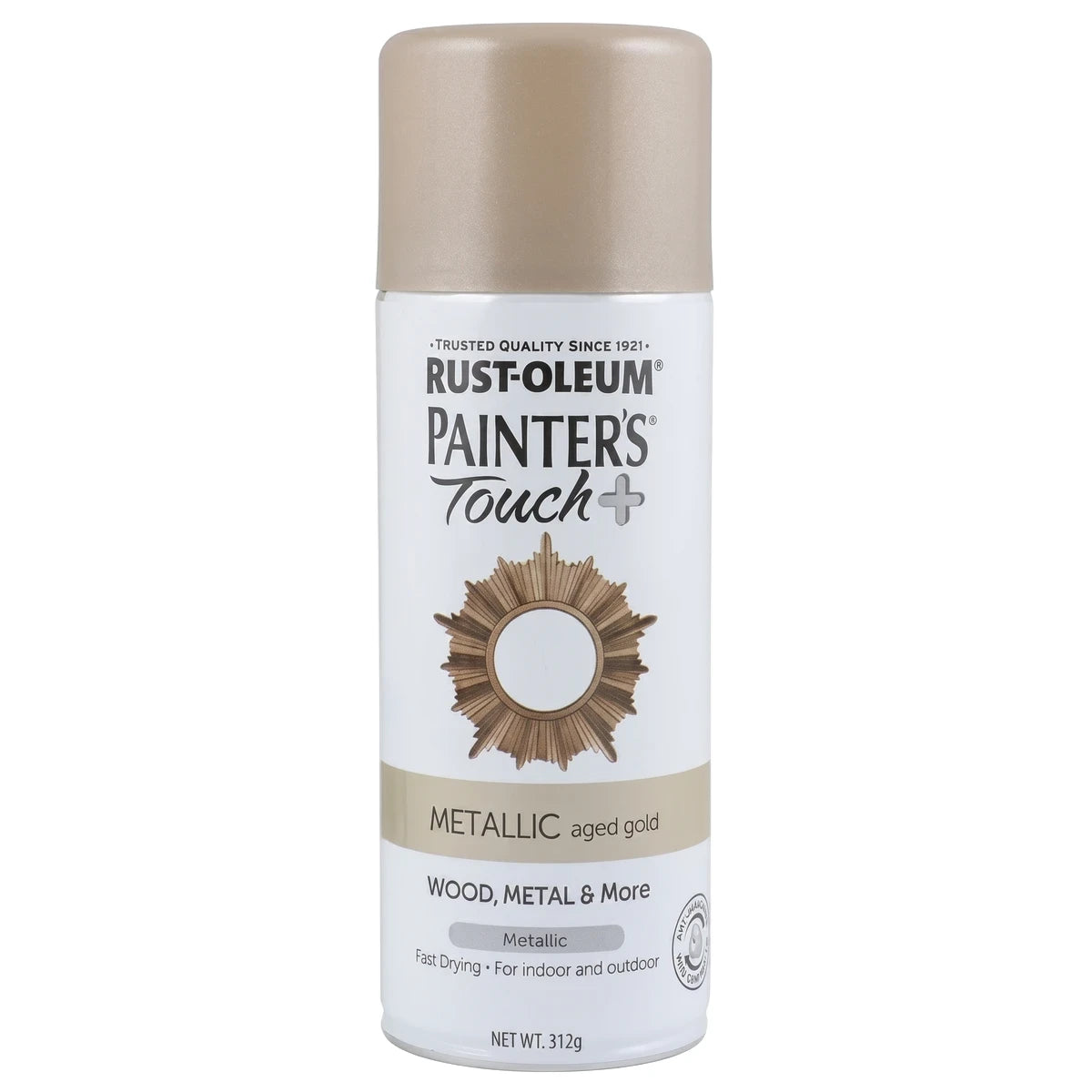 Rust-Oleum Painter's Touch+ metallic spray paint in aged gold, shown in a studio shot. Perfect for wood, metal, and more.