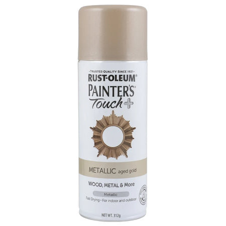 Rust-Oleum Painter's Touch+ metallic spray paint in aged gold, shown in a studio shot. Perfect for wood, metal, and more.