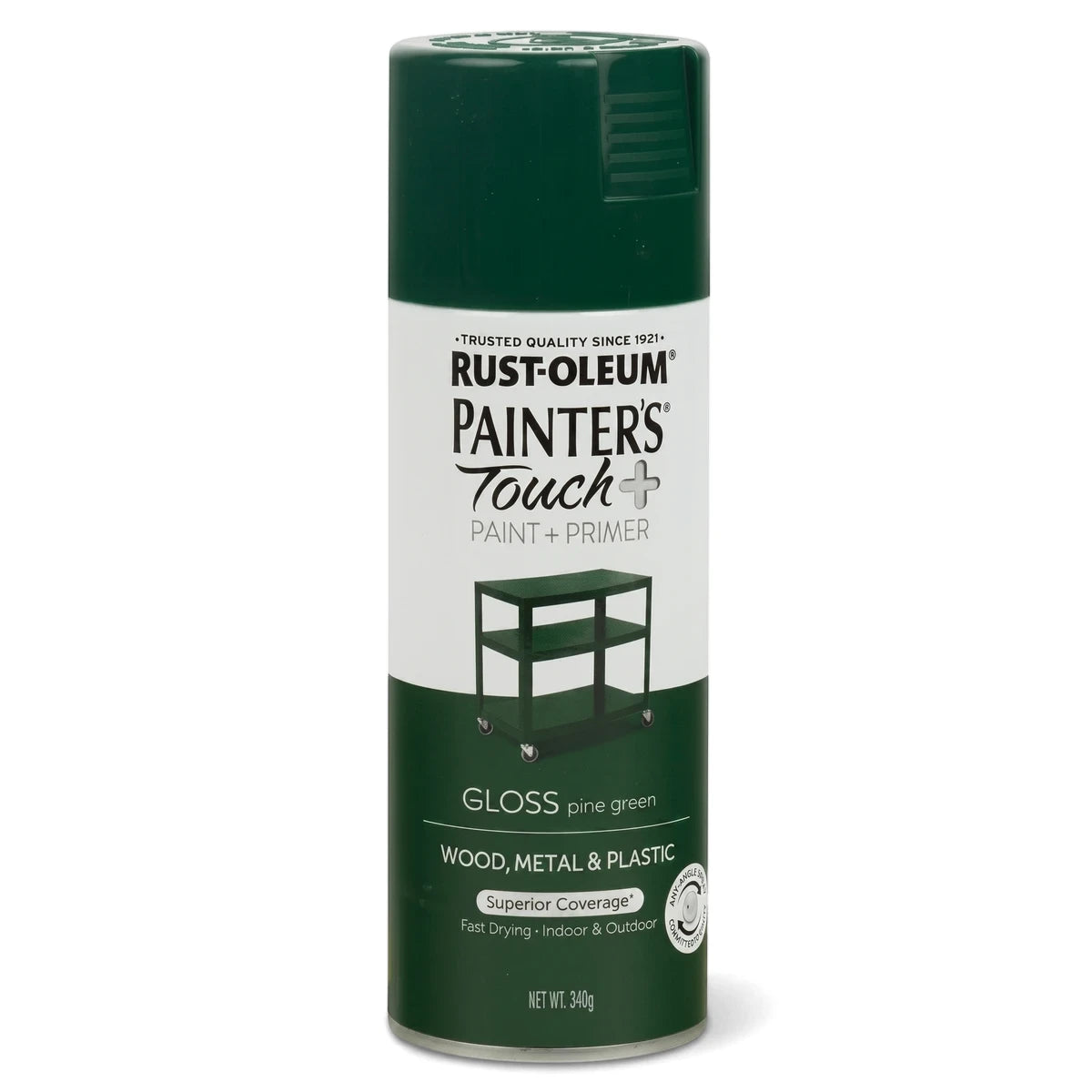 Rust-Oleum Painter's Touch+ Gloss Spray Paint in pine green, a cylindrical aerosol can for wood, metal, and plastic projects.