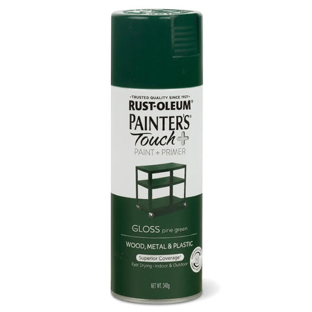 Rust-Oleum Painter's Touch+ Gloss Spray Paint in pine green, a cylindrical aerosol can for wood, metal, and plastic projects.