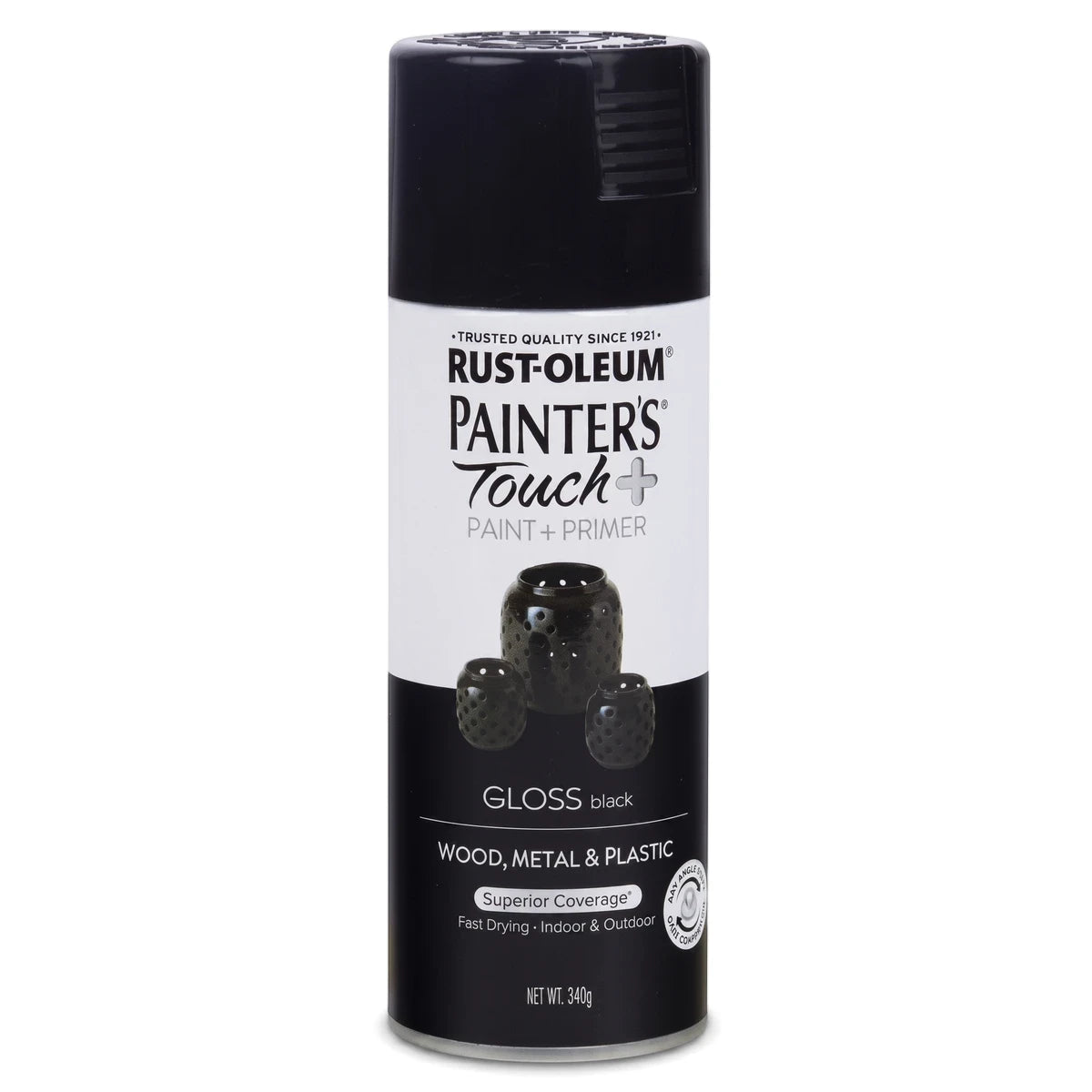Black Rust-Oleum Painter's Touch+ Gloss Black spray paint can for wood, metal, and plastic applications.