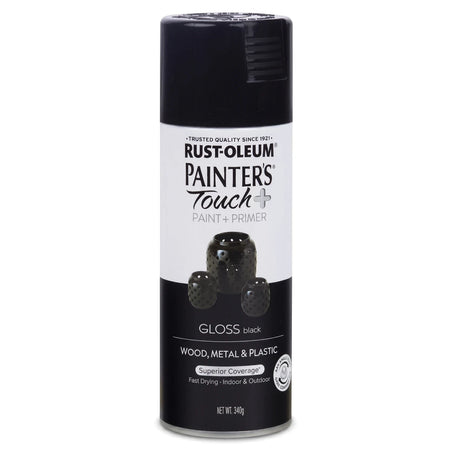 Black Rust-Oleum Painter's Touch+ Gloss Black spray paint can for wood, metal, and plastic applications.