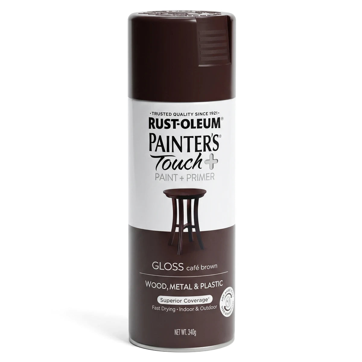 Rust-Oleum Painter's Touch+ Gloss Cafe Brown spray paint and primer in an aerosol can for wood, metal, and plastic.