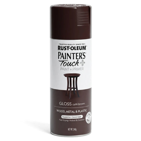 Rust-Oleum Painter's Touch+ Gloss Cafe Brown spray paint and primer in an aerosol can for wood, metal, and plastic.