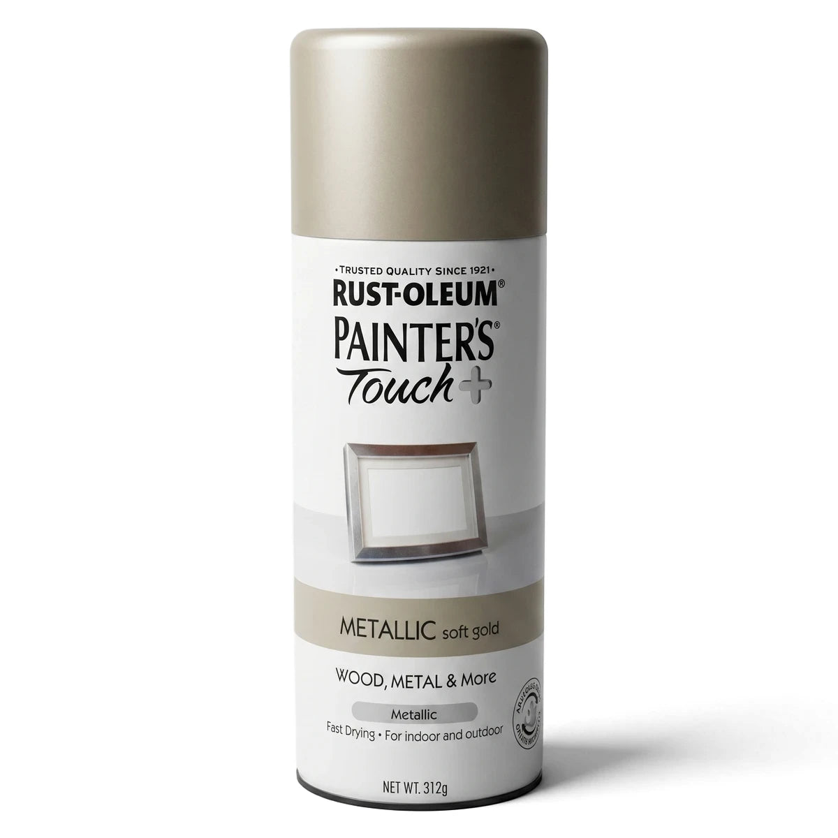 Rust-Oleum Painter's Touch+ metallic spray paint in soft gold, ideal for wood, metal, and more, shown in a can.