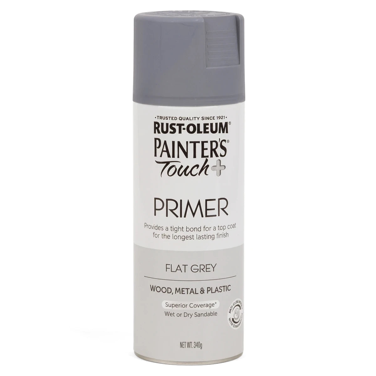Rust-Oleum Painter's Touch+ Primer spray paint in flat grey, 340g can, for wood, metal & plastic.