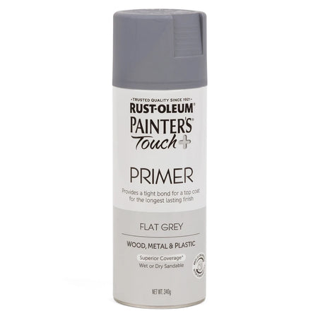 Rust-Oleum Painter's Touch+ Primer spray paint in flat grey, 340g can, for wood, metal & plastic.
