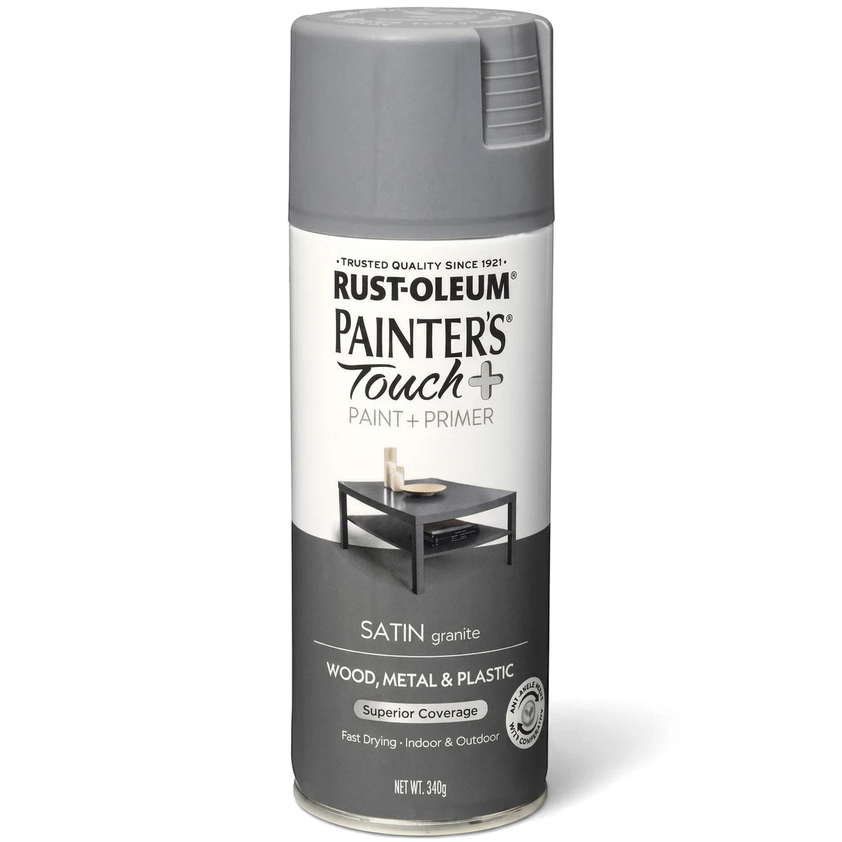 Rust-Oleum Painter's Touch+ Satin Granite spray paint can, offering paint and primer for wood, metal, and plastic surfaces.