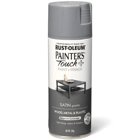 Rust-Oleum Painter's Touch+ Satin Granite spray paint can, offering paint and primer for wood, metal, and plastic surfaces.