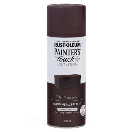 Rust-Oleum Painter's Touch+ Satin Java Brown spray paint can for wood, metal, and plastic applications.