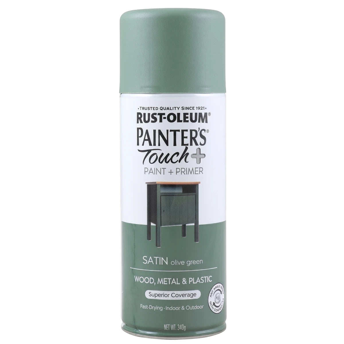 Rust-Oleum Painter's Touch+ Satin Olive Green spray paint can for wood, metal, and plastic applications.
