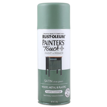 Rust-Oleum Painter's Touch+ Satin Olive Green spray paint can for wood, metal, and plastic applications.