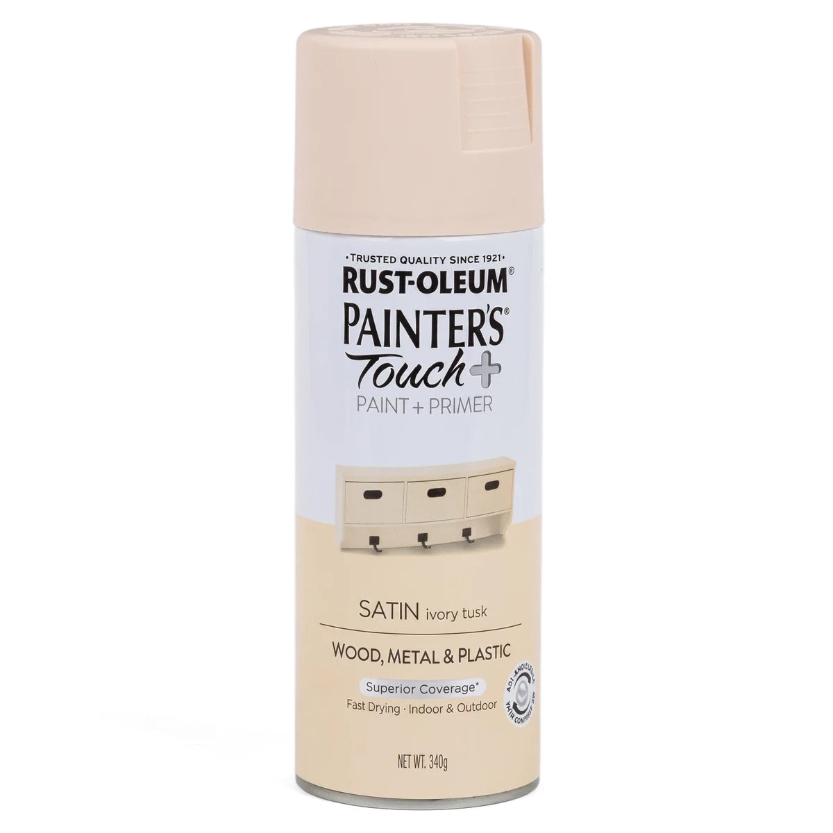 Rust-Oleum Painter's Touch+ Satin Spray Paint in Ivory Tusk, a cylindrical can with a cream-colored cap and label.