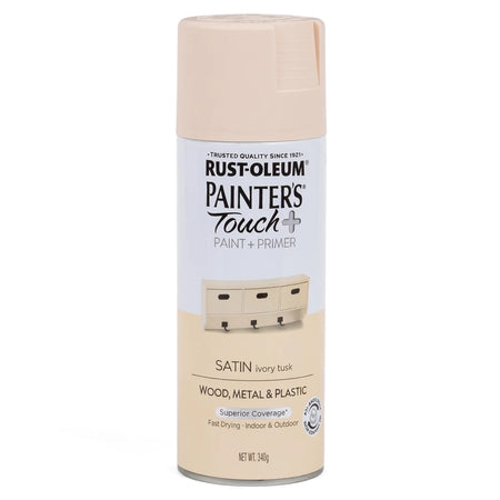 Rust-Oleum Painter's Touch+ Satin Spray Paint in Ivory Tusk, a cylindrical can with a cream-colored cap and label.