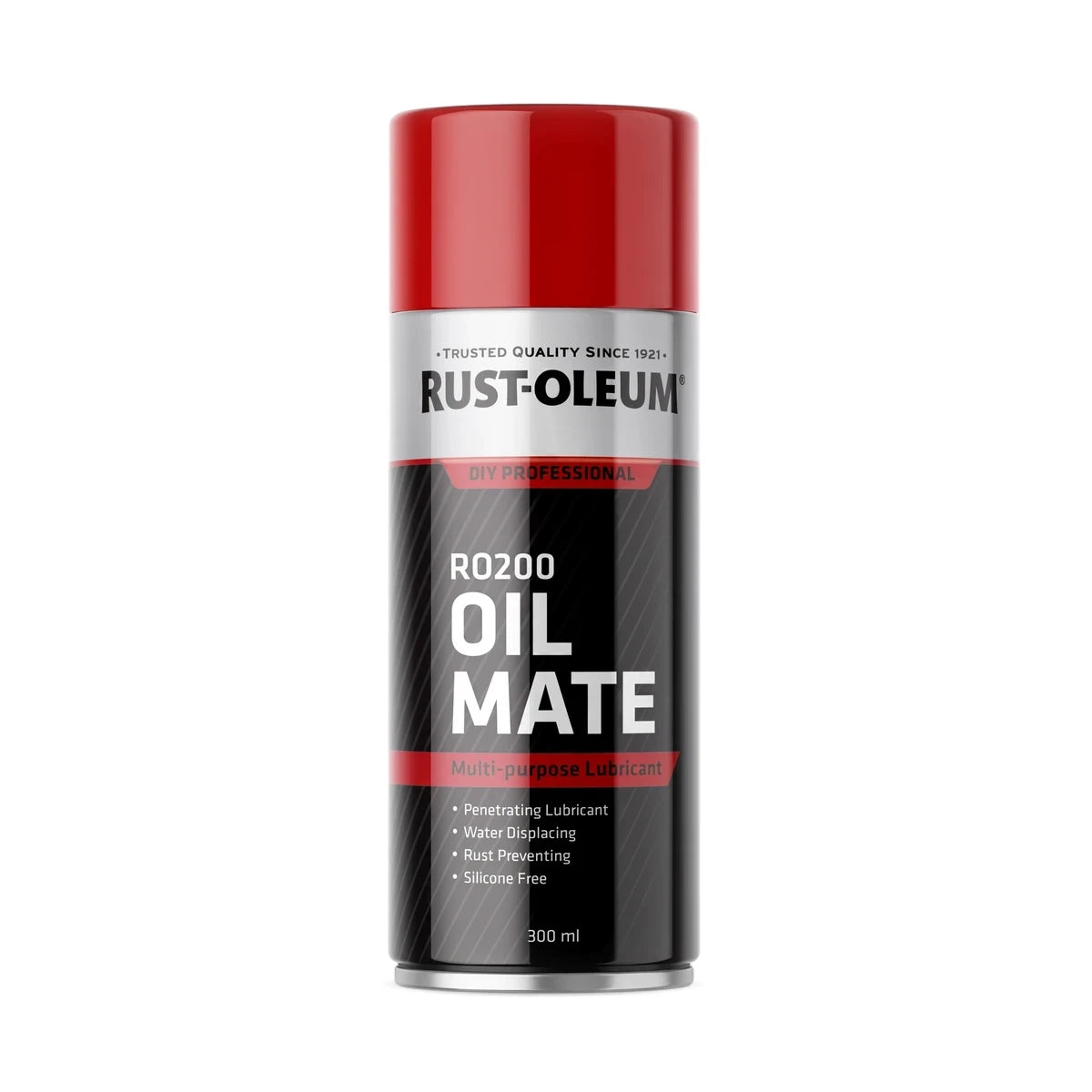 Rust-Oleum RO200 Oil Mate multi-purpose lubricant spray in a red and black 300ml aerosol can, standing upright.