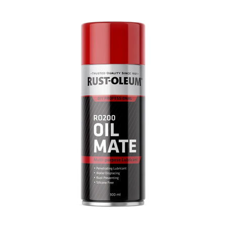 Rust-Oleum RO200 Oil Mate multi-purpose lubricant spray in a red and black 300ml aerosol can, standing upright.