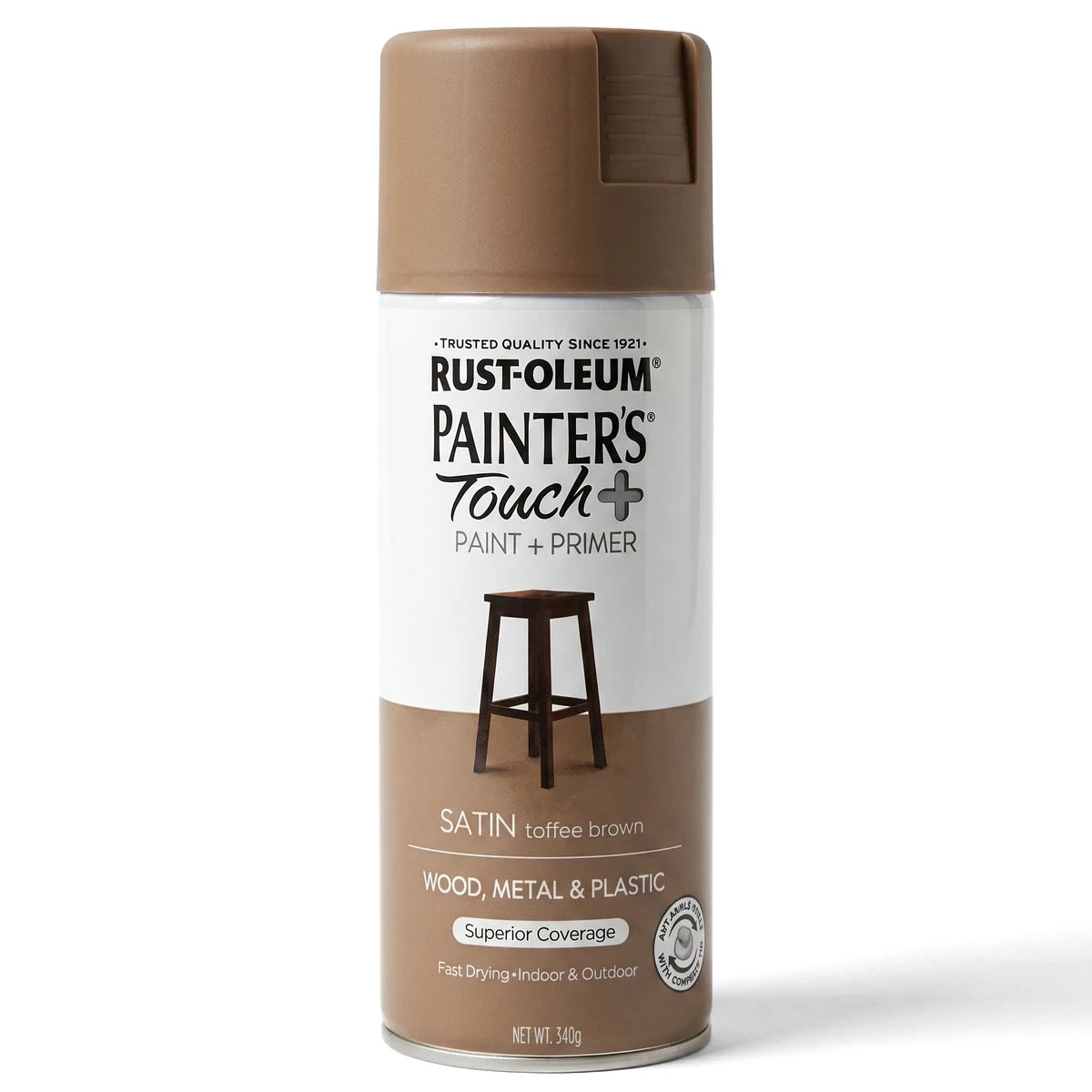 Rust-Oleum Painter's Touch+ Satin Toffee Brown spray paint can, suitable for wood, metal, and plastic applications.