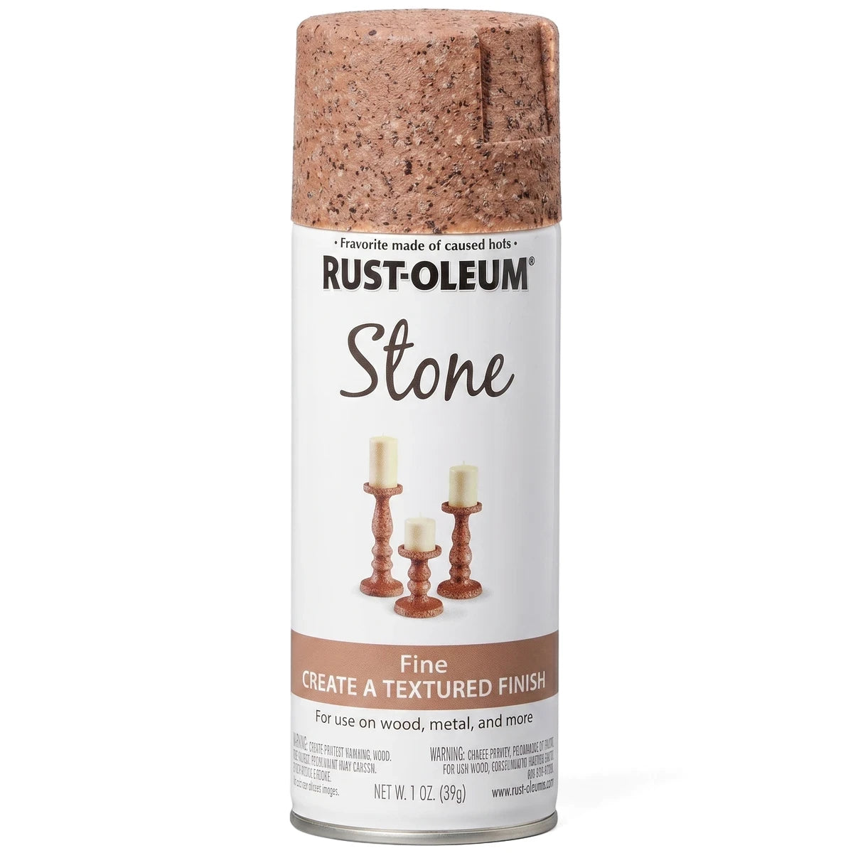 Sienna colored Rust-Oleum Stone effect spray paint can, shown upright with its textured finish and product label featuring