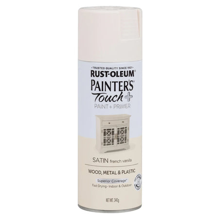 Rust-Oleum Painter's Touch+ Satin spray paint in French Vanilla, 340g can, suitable for wood, metal, and plastic.