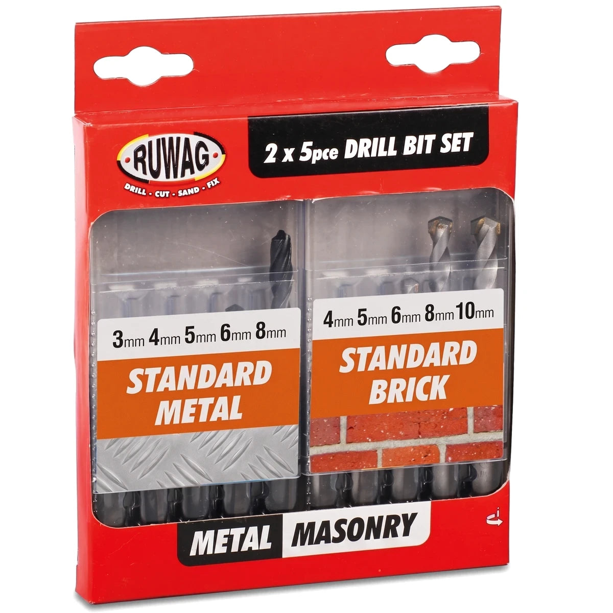 Ruwag 10-piece drill bit set for metal and brick in red and black packaging, showing various drill bit sizes.