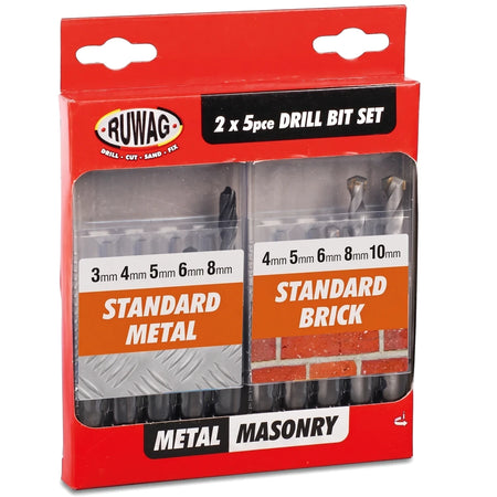 Ruwag 10-piece drill bit set for metal and brick in red and black packaging, showing various drill bit sizes.